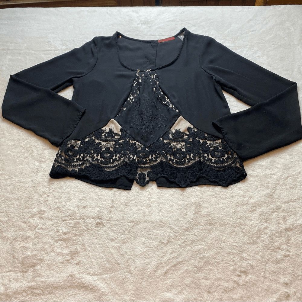 BKE Womens Black Lace Blouse S Bell Sleeve Button Back Romantic Boho Top